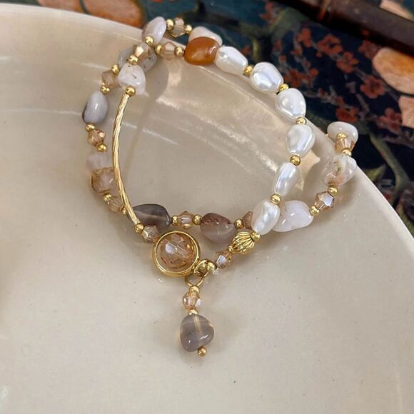 Gemstone & Freshwater Pearl Beaded Charm Bracelet Vintage Elegant Layered Style - Picture 7 of 8